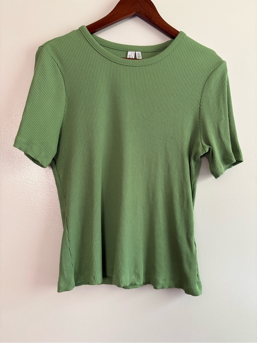 & Other Stories Green Ribbed Short Sleeve Slim-Fit Tee Size Large